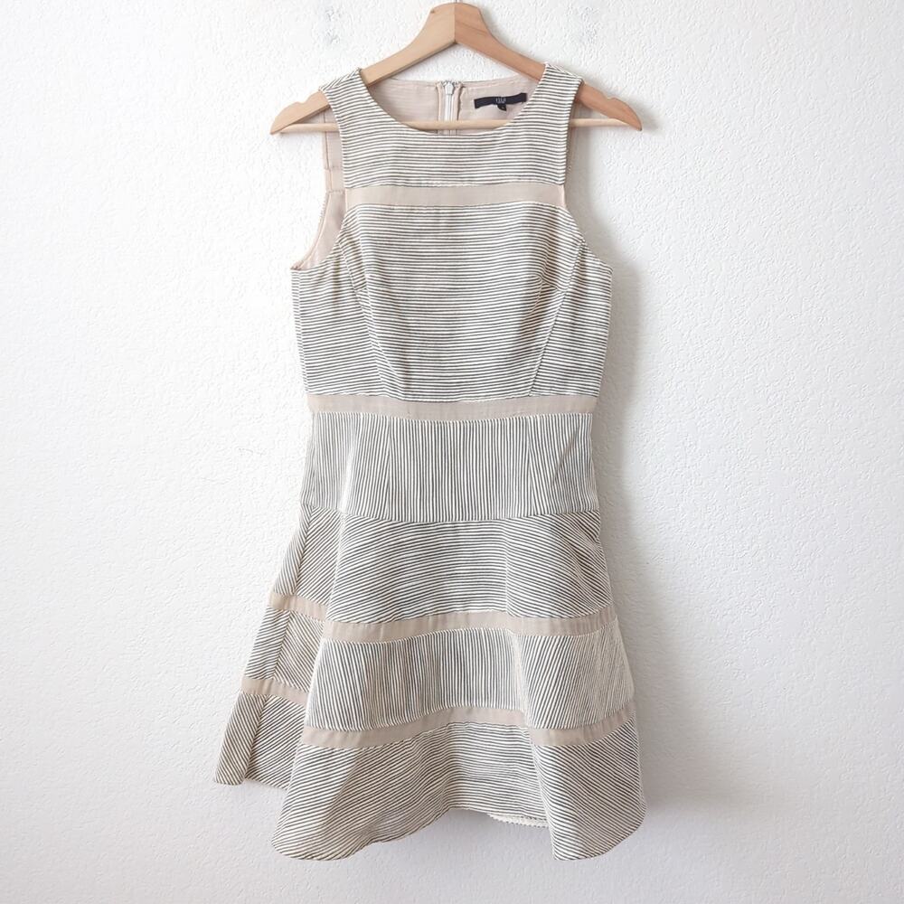 Tibi Fit Flare Dress Womens 6 Textured Gray White Sleeveless Layered High Neck